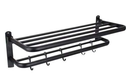 رف مناشف حمام مع حامل منشفة قابل للطي لون أسود