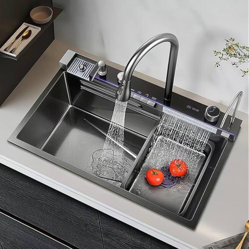 حوض مطبخ كروم مطفي ستانلس ستيل + حماية نانو شلال ا...