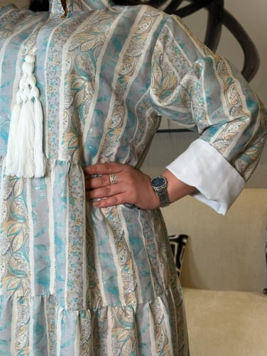 جلابية صيفية لنن طبيعي قطن مشجرة لون تركواز