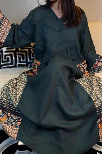 جلابية لنن هندي لون زيتي