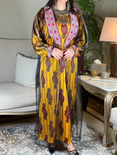 جلابية بطبقتين شعبي معاصر لون اصفر