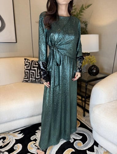 جلابية فستان لامع اكمام مخمل مشغول اخضر معدني