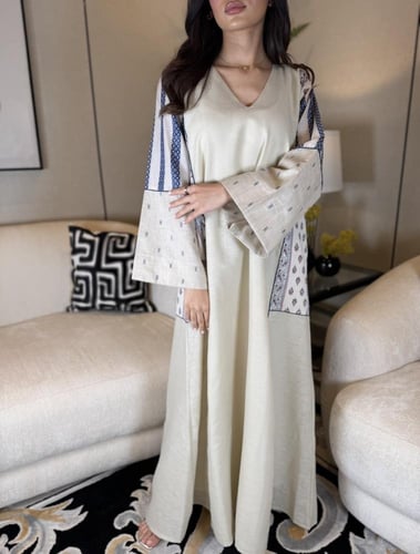 جلابية بيج كحلي لنن هندي بدون رسمة فيل عالكم