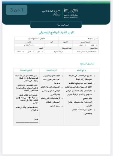 خطة وتقرير البرنامج الموسيقي المتوسط