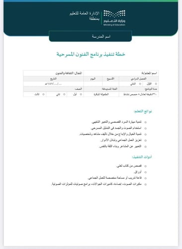 خطة وتقرير الفنون المسرحية طفولة مبكرة