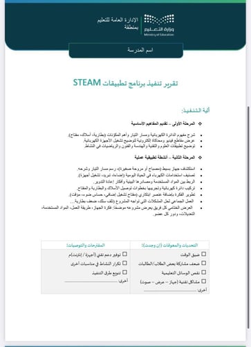 خطة + تقرير برنامج تطبيقات STEAM ابتدائي (صفوف علي...