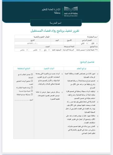 تقرير + خطة رواد فضاء المستقبل - ابتدائي صفوف عليا