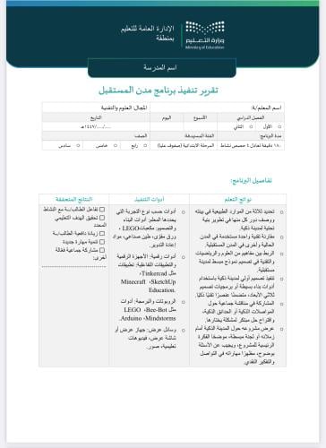 تقرير + خطة برنامج مدن المستقبل ابتدائي (صفوف عليا...