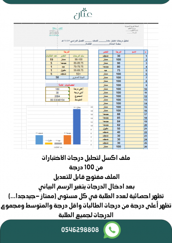 ملف اكسل لتحليل الدرجات 100 درجة