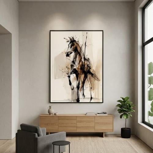 لوحة كانفس حصان تجريدي بالأسود والبني – شموخ الخيل