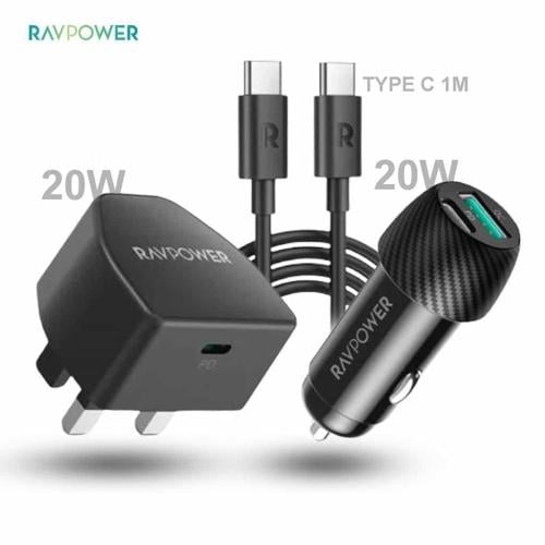 بكج RavPower 3 في 1 (فيش جداري + شاحن سيارة + كيبل...