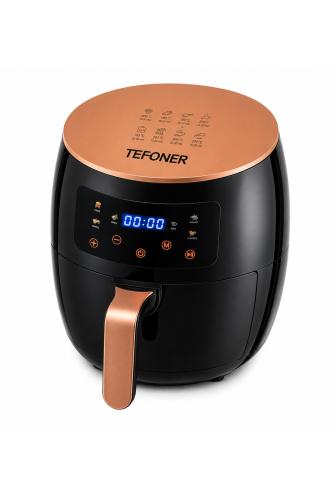 قلاية هوائية تيفونر TEFONER TE-AF56 سوداء بلمسات ذهبية وشاشة رقمية وسلة قابلة للسحب.