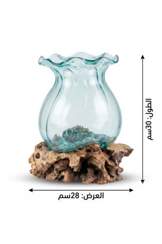 مزهرية زجاجية ديكورية بتصميم متموج وقاعدة خشبية طب...