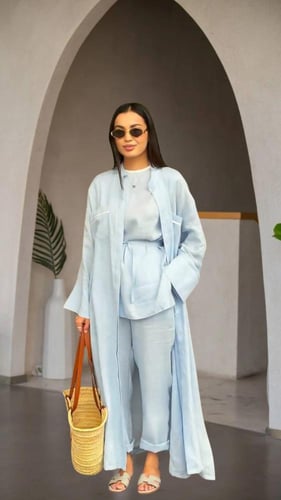 طقم لينن سماوي 3 قطع مع طرحة