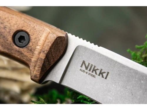 سكين نيكي AUS-8 نصل ثابت مقبض خشب جراب جلدي