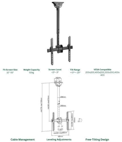Ceiling mount from 32 to 75 inches, one meter long