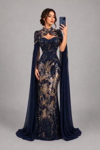 Royal evening gown with mermaid style and chiffon cape closure