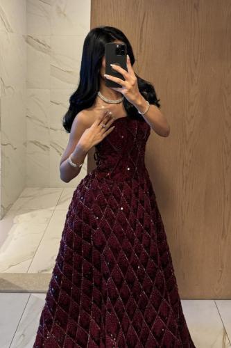 فستان سهرة برغندي راقي