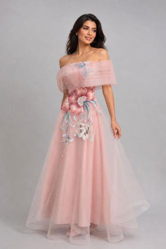 Evening dress tulle off shoulder with royal embroidery