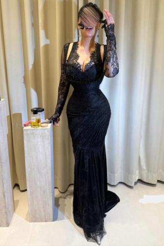 Black evening dress with lace and velvet
