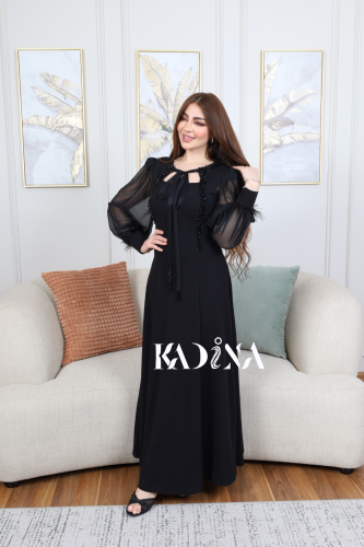 فستان اسود كريب باكمام اورجنزه