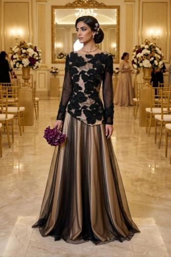 Black evening gown with gold tulle and prominent floral embroidery