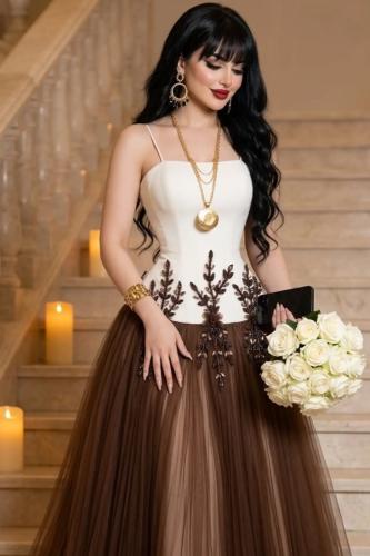 Evening dress flared white and brown