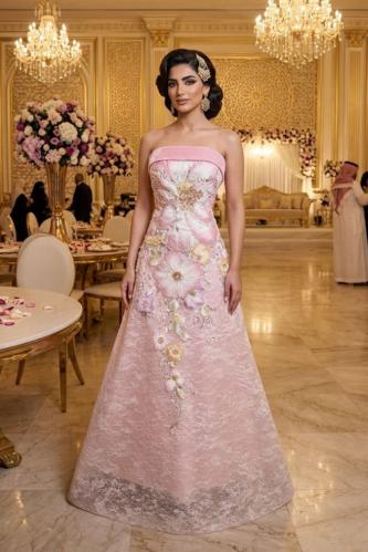Pink evening dress with lace and 3D floral embroidery