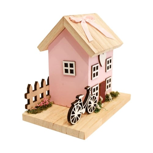 تحفه خشبية بتصميم منزل خشبي وردي اللون