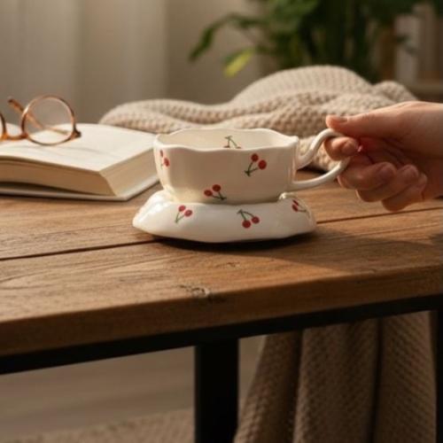 أكواب سيراميك مع صحن