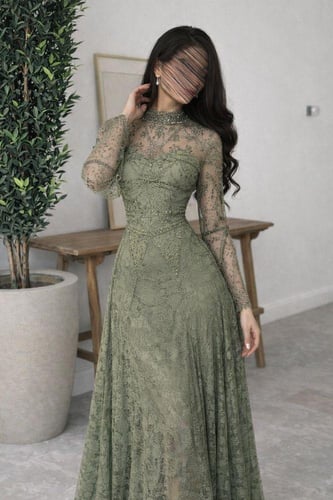 فستان سهرة زيتي أنيق
