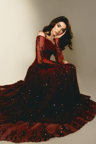 فستان سهرة عنابي فاخر بتطريز ترتر جذاب