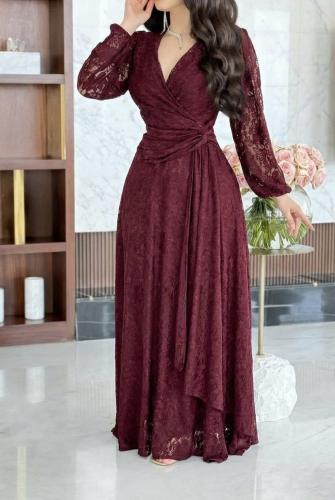 فستان سهرة دانتيل عنابي أنيق