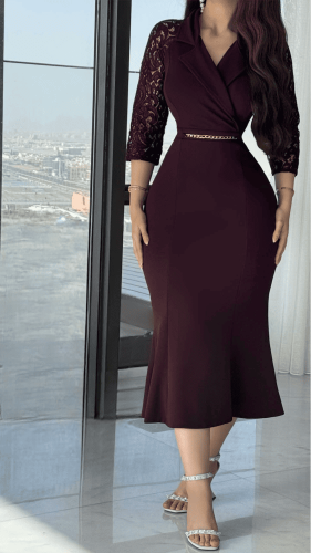 فستان سهرة عودي أنيق بأكمام دانتيل