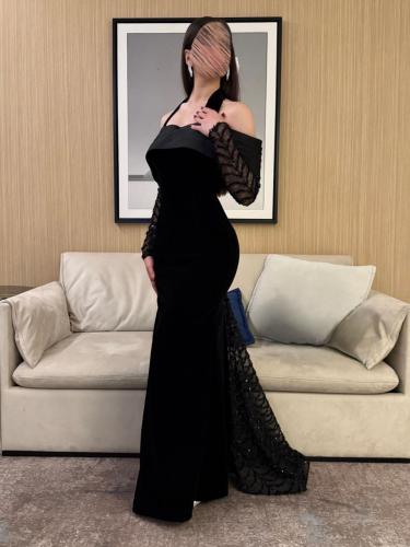 فستان سهرة راقي أسود أوف شولدرز