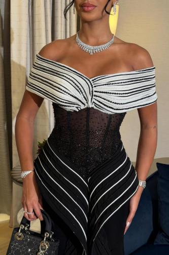 فستان سهرة أسود وأبيض بتصميم كورسيه أنيق