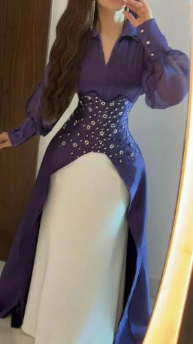 فستان سهرة بنفسجي ملكي بتصميم كورسيه