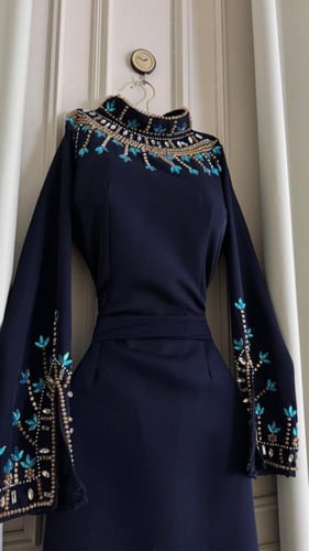 جلابية سهرة كحلي مطرزة بتطريز تركوازي وذهبي