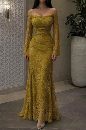 فستان سهرة دانتيل بأكمام طويلة وقصة أوف شولدر