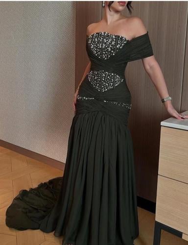 فستان سهرة زيتي تطريز فخم