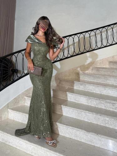 فستان سهره زيتي تطريز يدوي