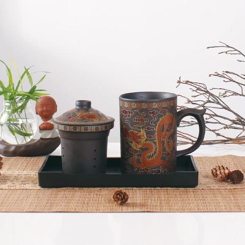 Traditional Chinese purple dragon tea cup of clay with lid strainer vintage handmade Yixing Zisha tea cup gift mug clown