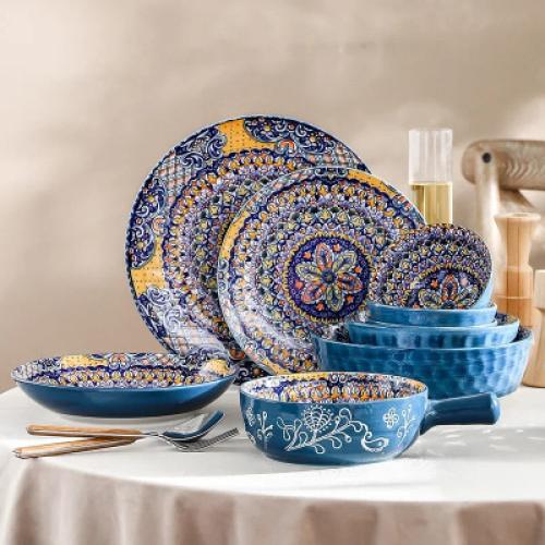 Set of ceramic tableware bohemian retro salad rice bowl with both handles pasta bowl household handle baking tray