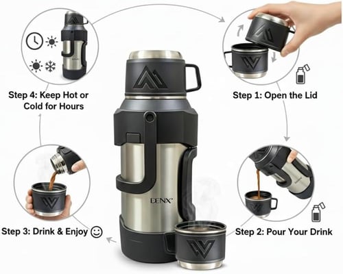 DENX Thermos Bottle 2L Stainless Steel, Large Capa...