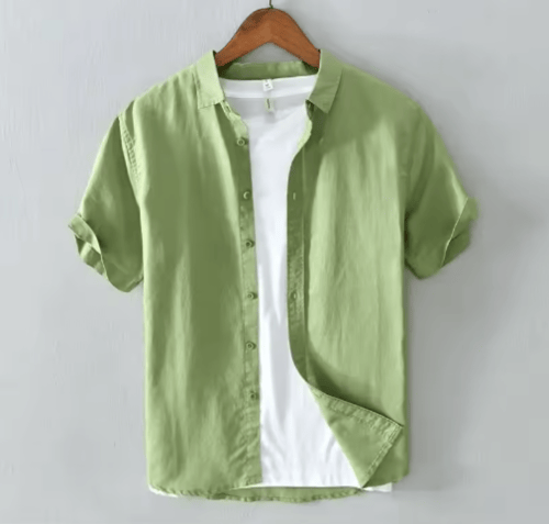 قميص رجالي قصير الأكمام من الكتان القطني ، بلون وا...