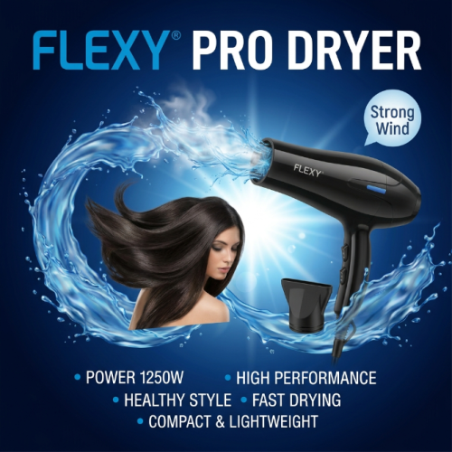 FLEXY 1250W Hair Dryer – Lightweight & Compact with 2 Speeds, 3 Heat Settings, Cool Shot, Removable Filter