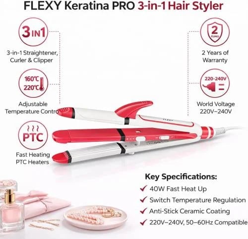 FLEXY Keratina PRO 3-in-1 Hair Styler – Straightener, Curler & Clipper | Adjustable Temperature | PTC Fast Heating | 40W | Anti-St...