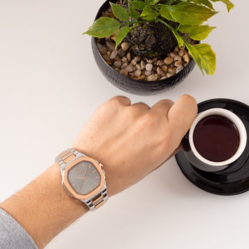 ساعة رجالية باللونين الفضي والنحاسي