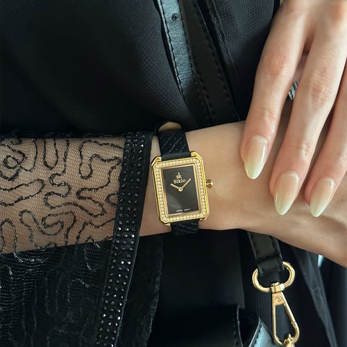 ساعة نسائية جلد فصوص زركون باللون الاسود ميناء اسو...