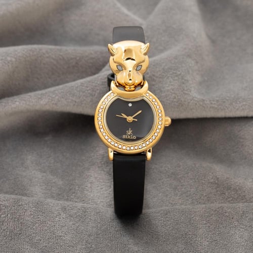 الساعة النسائية الجلد الأسود الذهبي ذات التفاصيل ا...